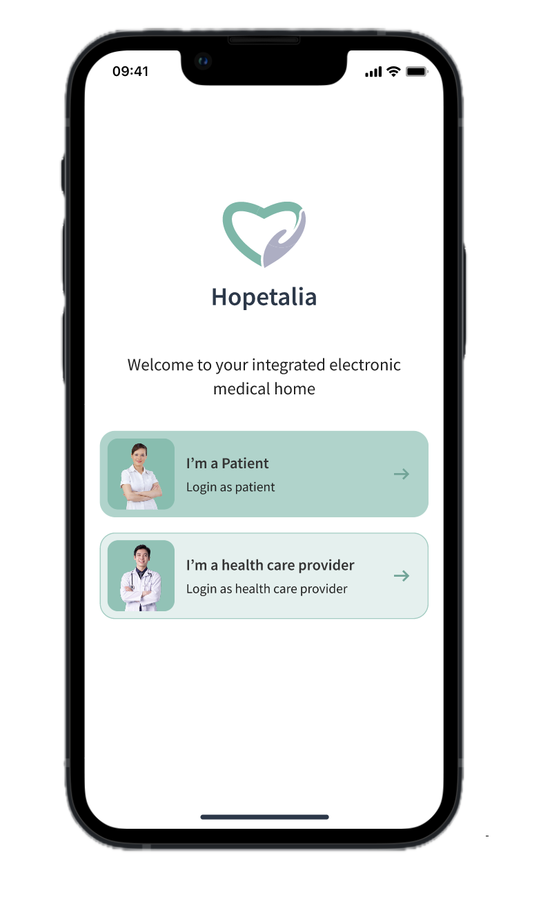 Screenshot of Hopetalia app showing the choose patient or doctor screen.