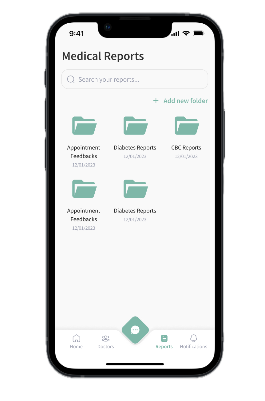 Screenshot of Hopetalia app showing medical reports screen.